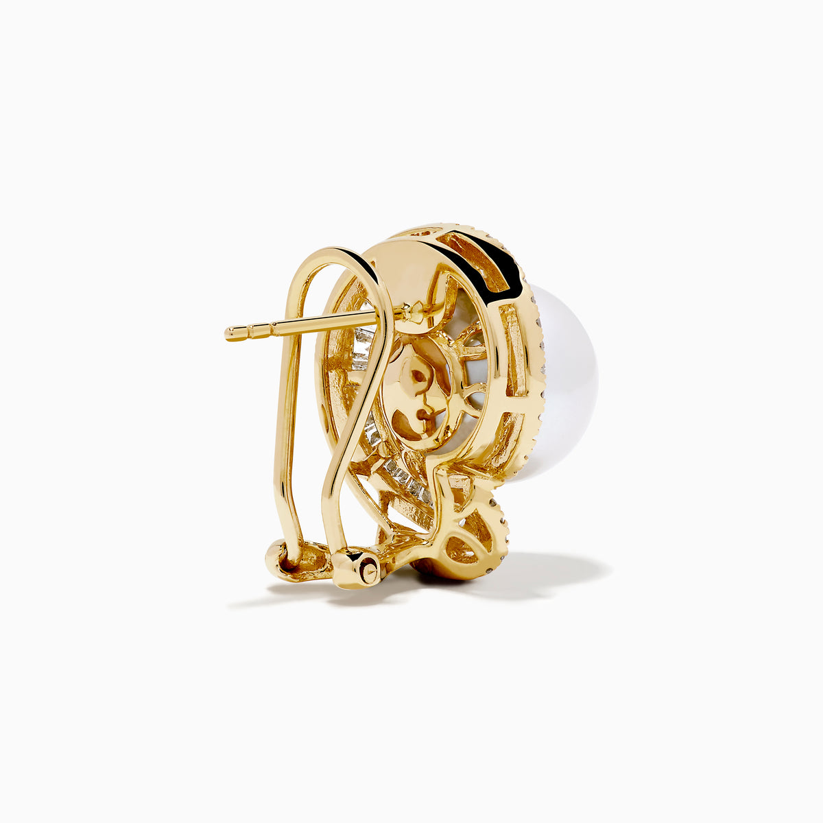 The 14K Yellow Gold Cultured Pearl and Diamond Stud Earrings showcase large round cultured pearls at the center, encircled by a double halo of sparkling diamonds, all displayed against a white background.
