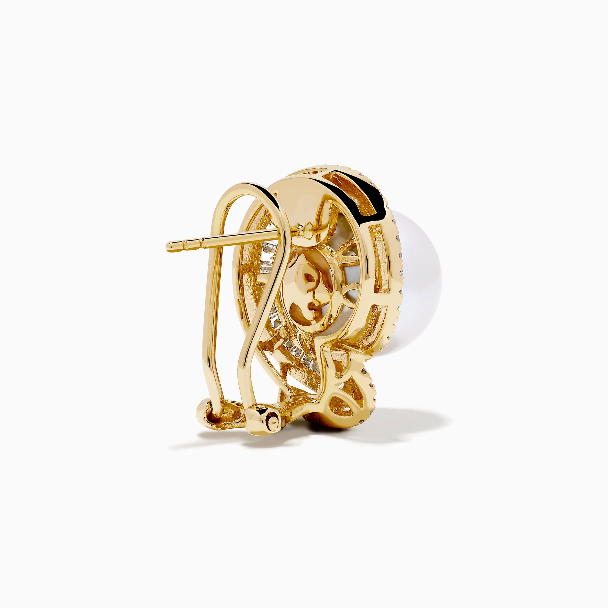 The 14K Yellow Gold Cultured Pearl and Diamond Stud Earrings showcase large round cultured pearls at the center, encircled by a double halo of sparkling diamonds, all displayed against a white background.