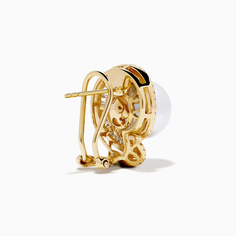 The 14K Yellow Gold Cultured Pearl and Diamond Stud Earrings showcase large round cultured pearls at the center, encircled by a double halo of sparkling diamonds, all displayed against a white background.