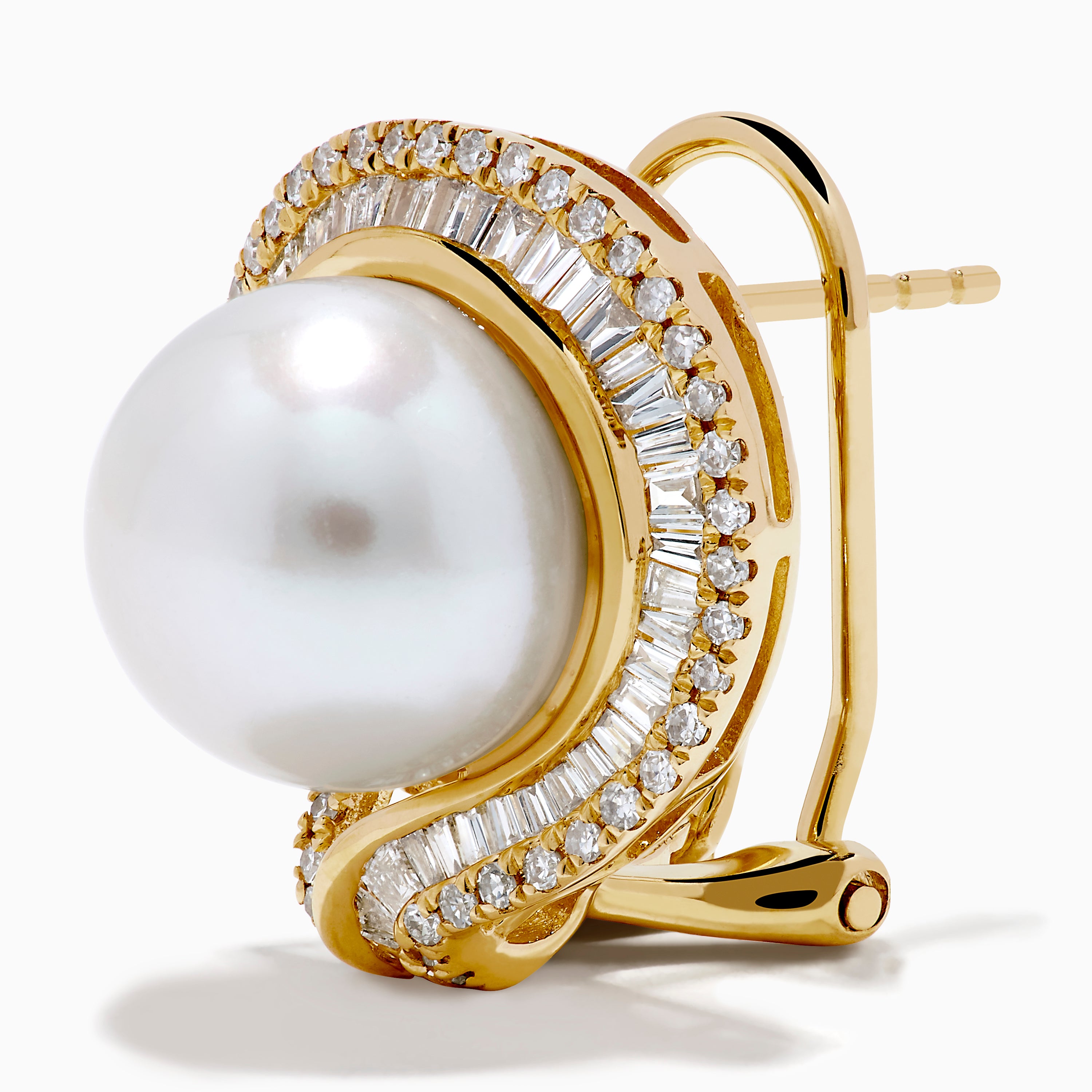 The 14K Yellow Gold Cultured Pearl and Diamond Stud Earrings showcase large round cultured pearls at the center, encircled by a double halo of sparkling diamonds, all displayed against a white background.