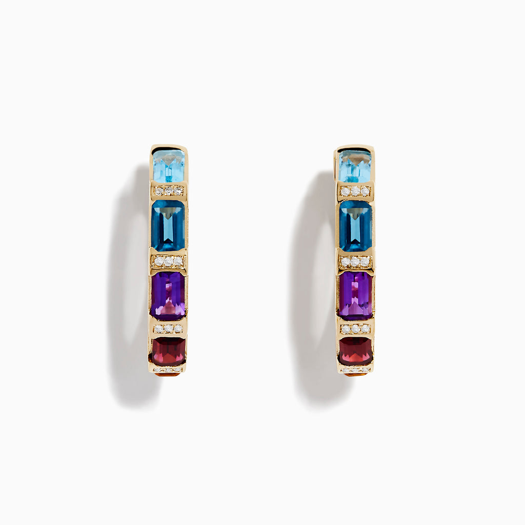 The Mosaic 14K Yellow Gold Multi Color Gemstone and Diamond Earrings feature rectangular blue, purple, and red stones separated by small diamonds, displayed against a white background.