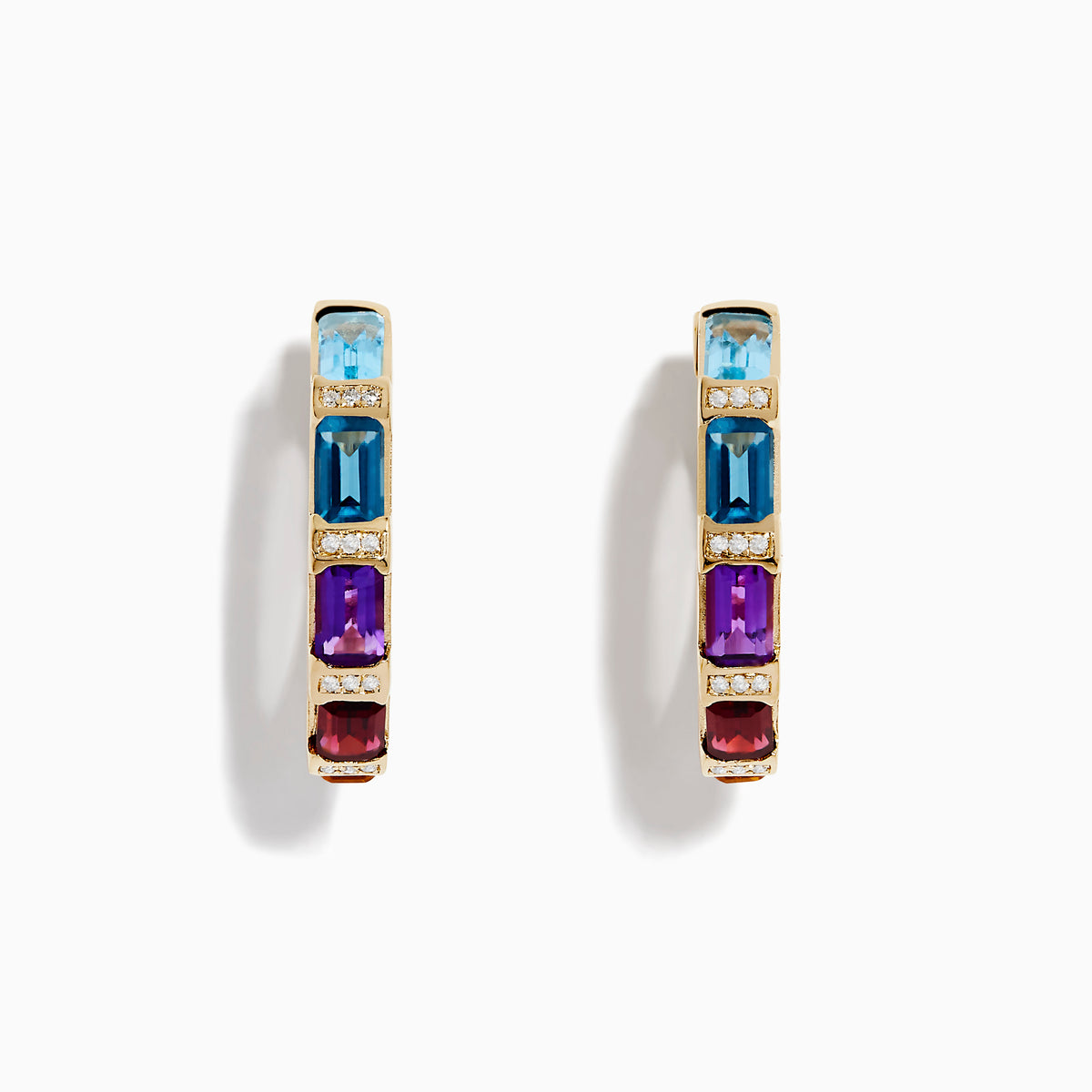 The Mosaic 14K Yellow Gold Multi Color Gemstone and Diamond Earrings feature rectangular blue, purple, and red stones separated by small diamonds, displayed against a white background.