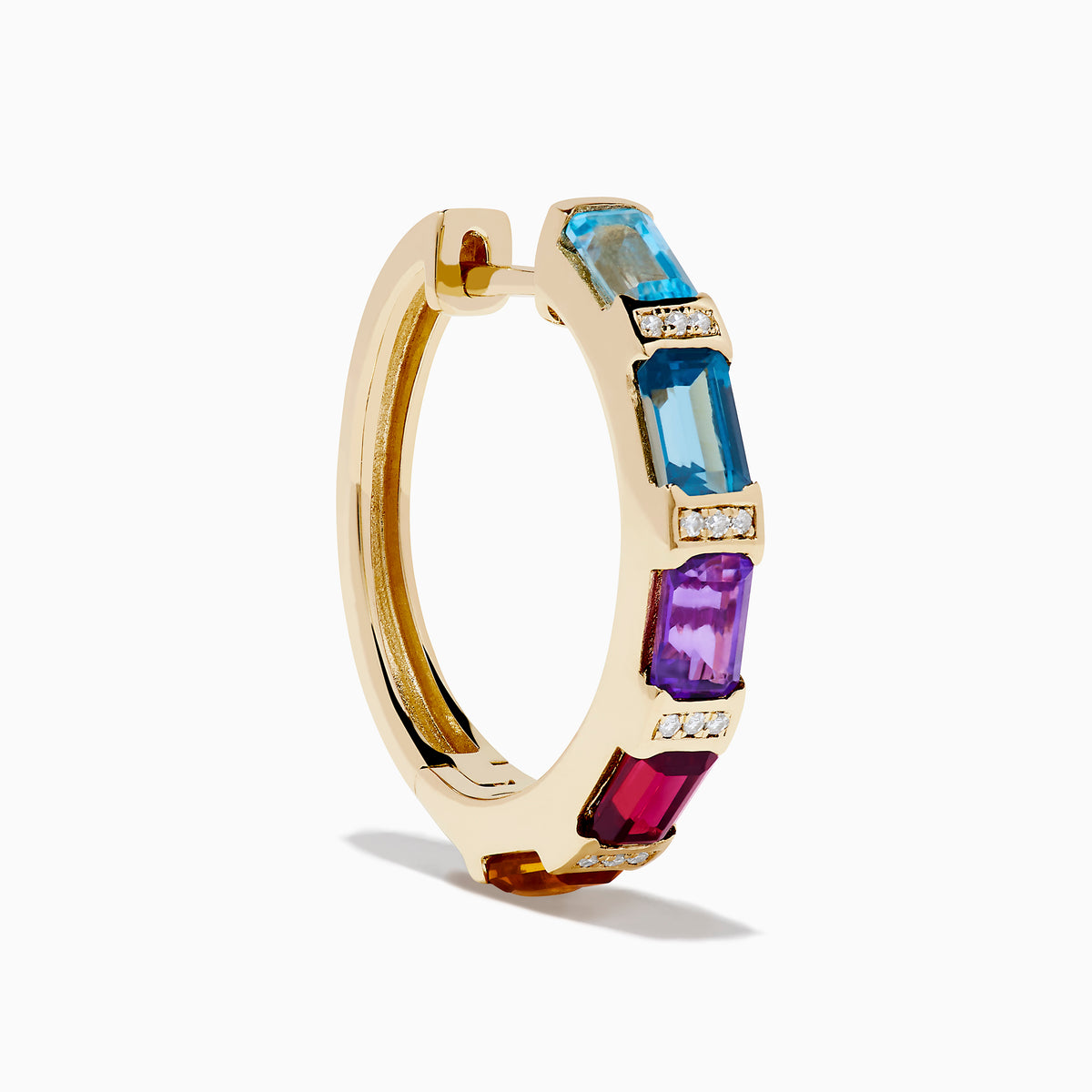 The Mosaic 14K Yellow Gold Multi Color Gemstone and Diamond Earrings feature rectangular blue, purple, and red stones separated by small diamonds, displayed against a white background.