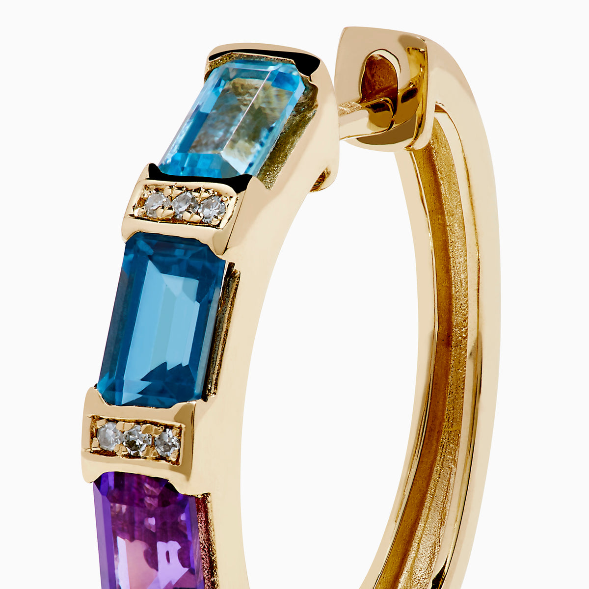 The Mosaic 14K Yellow Gold Multi Color Gemstone and Diamond Earrings feature rectangular blue, purple, and red stones separated by small diamonds, displayed against a white background.