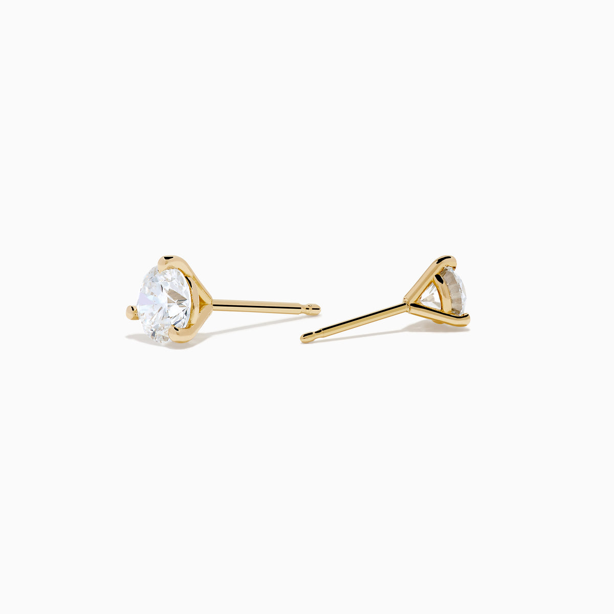 A pair of Lab Grown Diamond 1.00ct Stud Earrings in 14K Yellow Gold, each showcasing a single round-cut diamond, displayed on a plain white background.