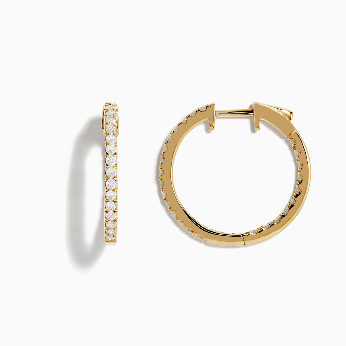 The 14K Yellow Gold 3/4 Diamond Hoop Earrings (0.74 TCW) are shown against a white background—one from the side, one from the front—to showcase their sparkling white diamonds and dazzling brilliance.