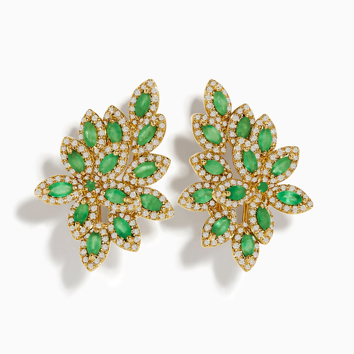 Make a statement with these ornate 14K Yellow Gold French Clip Emerald and Diamond Earrings (2.95 TCW), featuring a floral design with marquise emeralds and sparkling diamonds arranged in a symmetrical pattern.