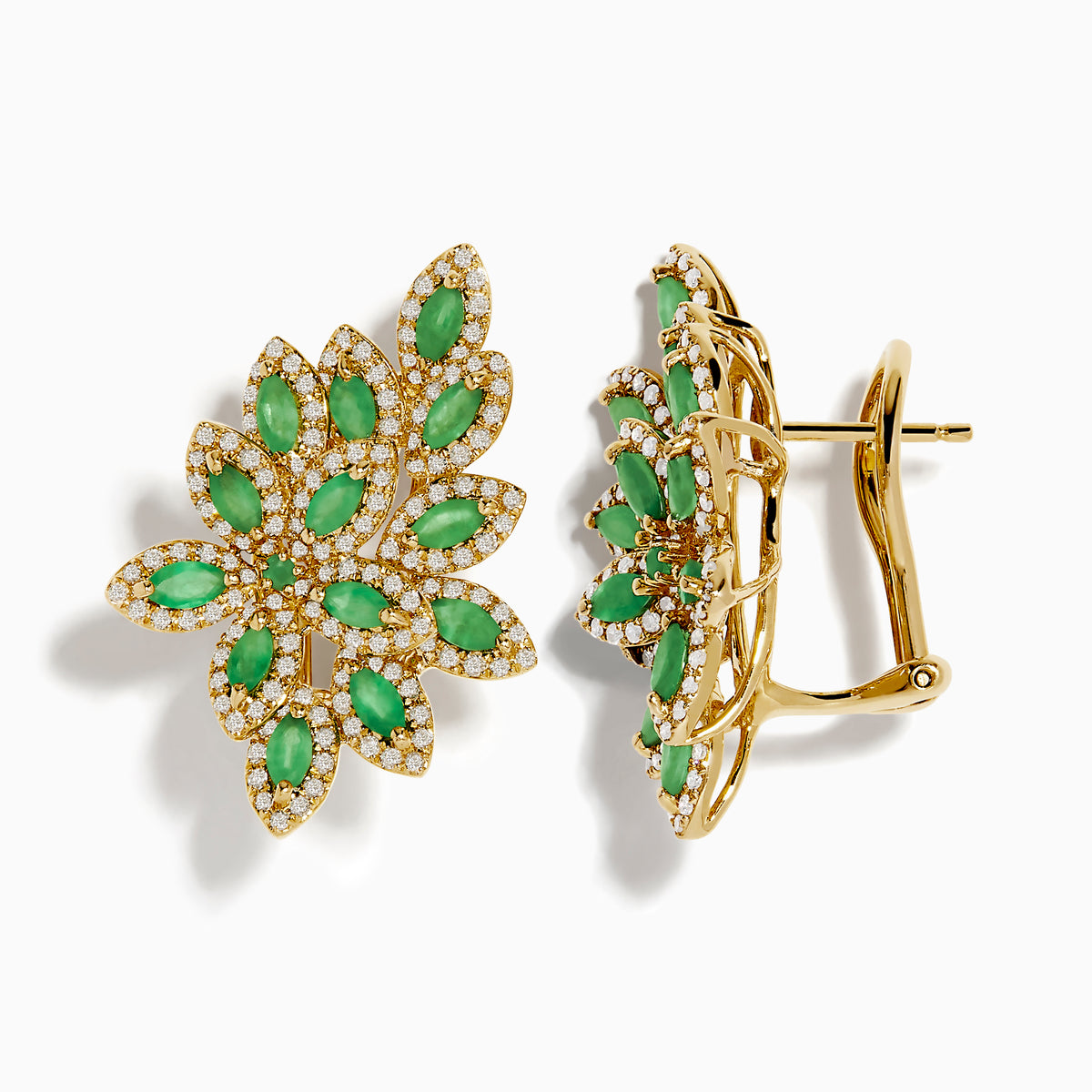 Make a statement with these ornate 14K Yellow Gold French Clip Emerald and Diamond Earrings (2.95 TCW), featuring a floral design with marquise emeralds and sparkling diamonds arranged in a symmetrical pattern.