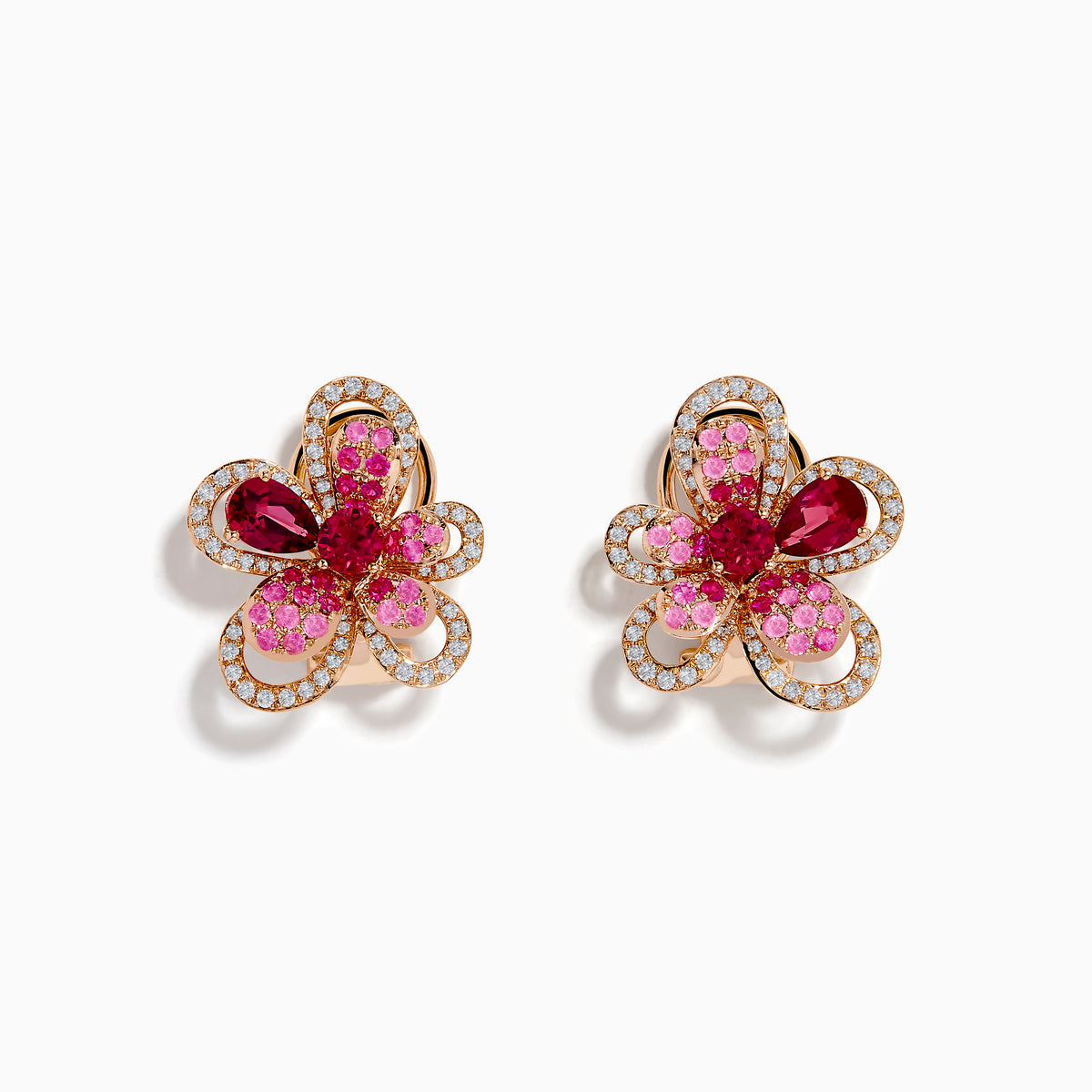 The Nature 14K Rose Gold Pink Sapphire, Rhodolite and Diamond Flower Earrings feature a floral design with pink sapphire, rhodolite, and white diamond accents, showcased on a white background.