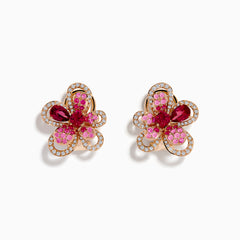 The Nature 14K Rose Gold Pink Sapphire, Rhodolite and Diamond Flower Earrings feature a floral design with pink sapphire, rhodolite, and white diamond accents, showcased on a white background.