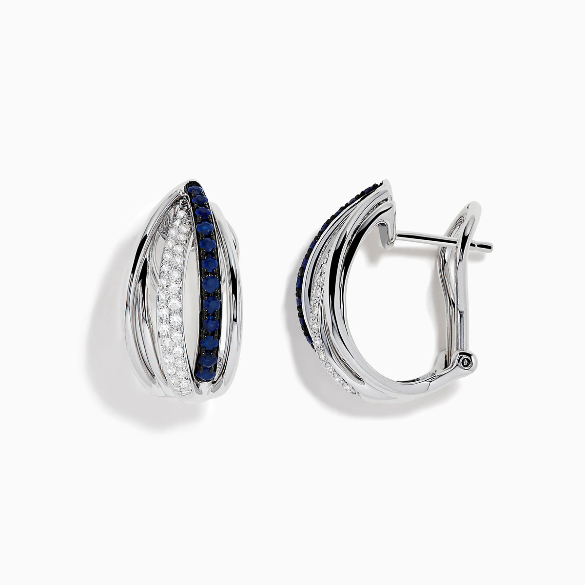 The Royale Bleu 14K White Gold Blue Sapphire & Diamond Earrings (0.62 TCW) feature intersecting bands—one adorned with white diamonds, the other with blue sapphires—shown on a white background.