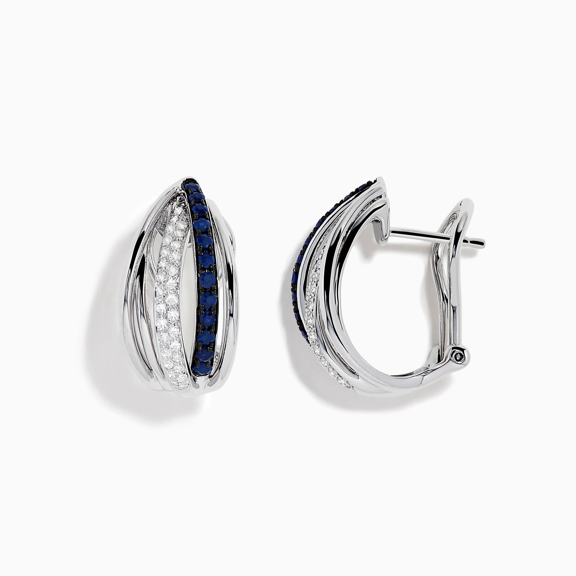 The Royale Bleu 14K White Gold Blue Sapphire & Diamond Earrings (0.62 TCW) feature intersecting bands—one adorned with white diamonds, the other with blue sapphires—shown on a white background.