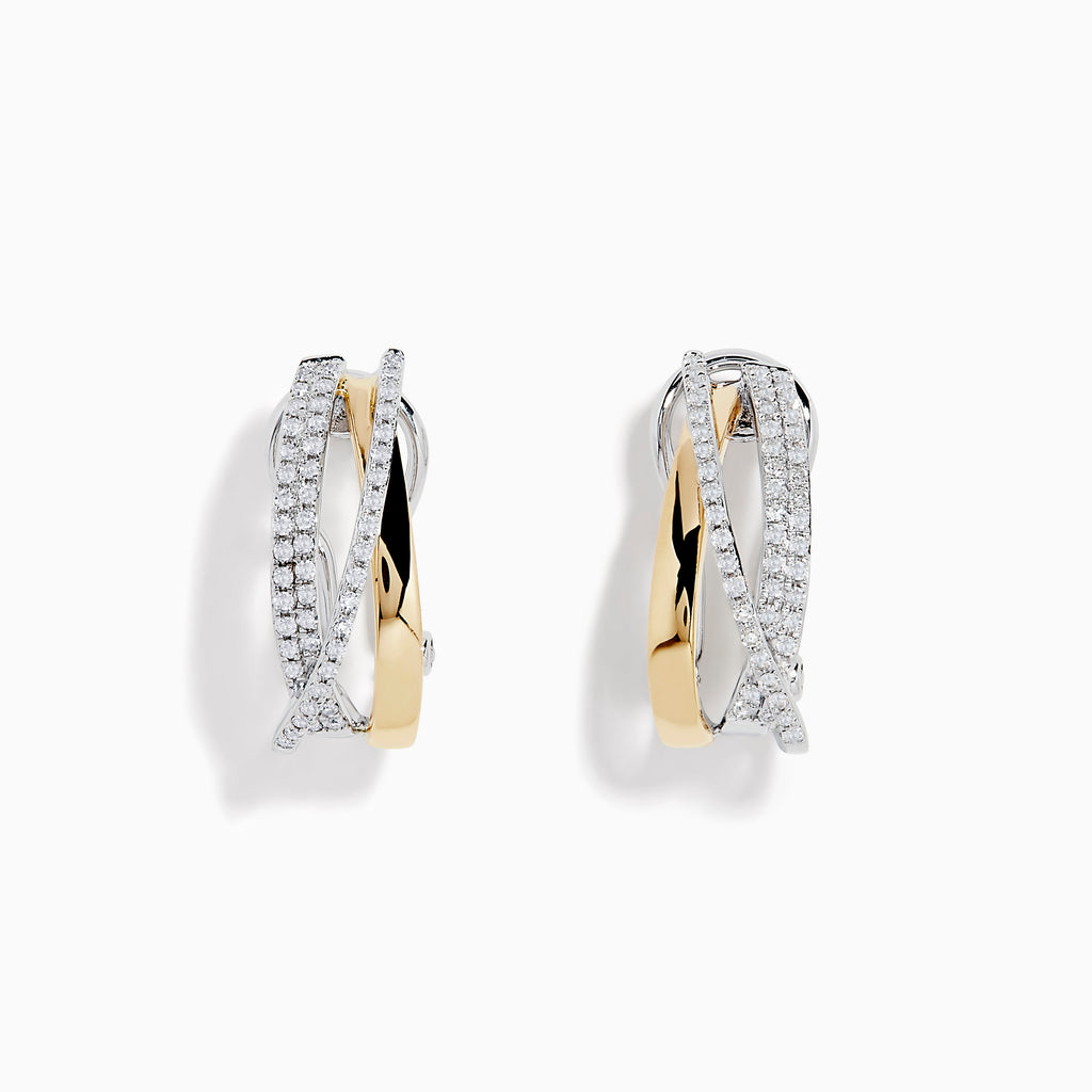 The Duo 14K Two Tone Gold 5/8 French Clip Diamond Earrings, 0.49 TCW, showcase intertwined yellow gold and diamond-accented silver bands, secured with a French clip and displayed on a white background.