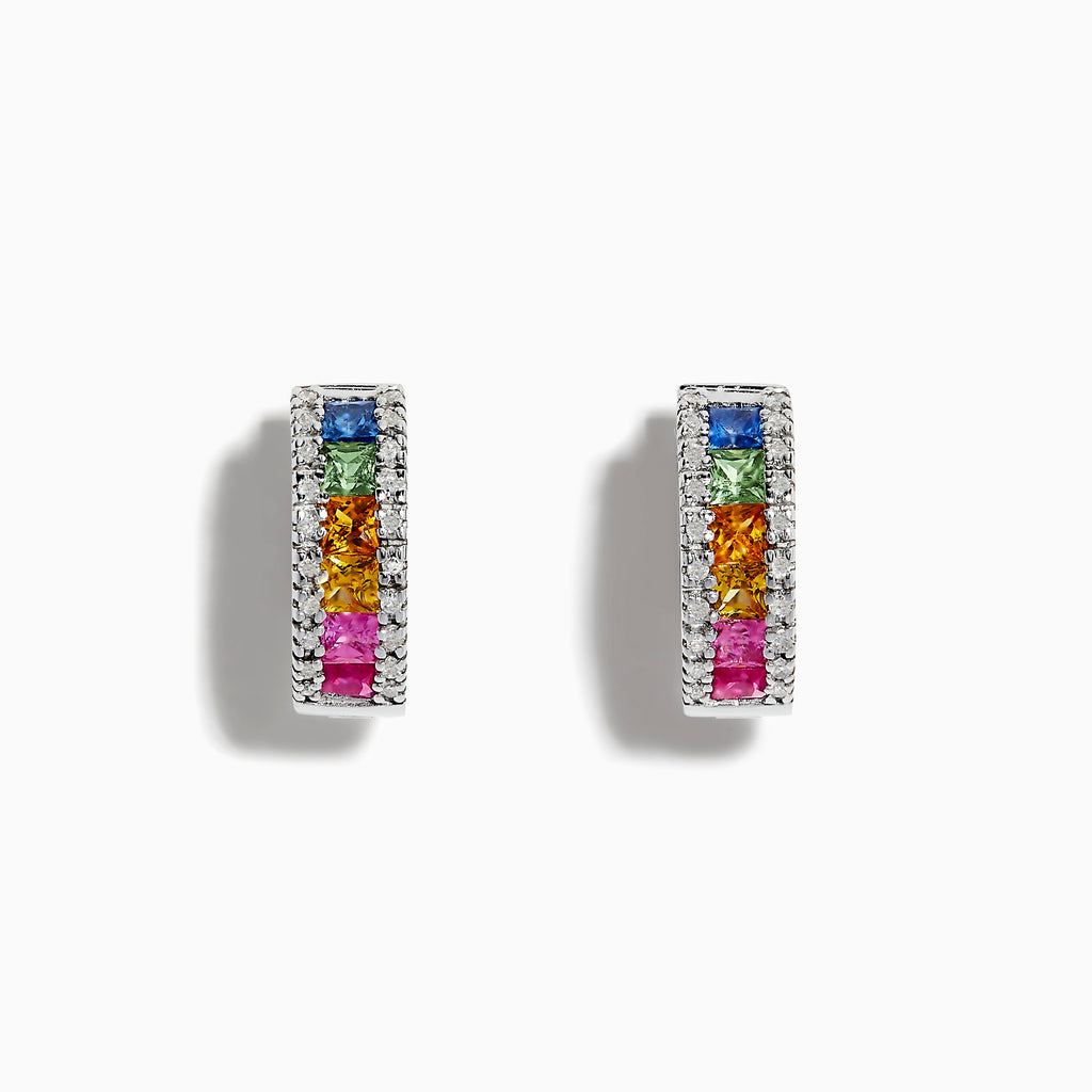 A pair of Watercolors 14K White Gold Sapphire & Diamond Earrings, 1.76 TCW, featuring square-cut sapphires in blue, green, yellow, orange, and pink with diamond borders, shown on a white background.