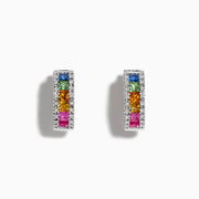 A pair of Watercolors 14K White Gold Sapphire & Diamond Earrings, 1.76 TCW, featuring square-cut sapphires in blue, green, yellow, orange, and pink with diamond borders, shown on a white background.