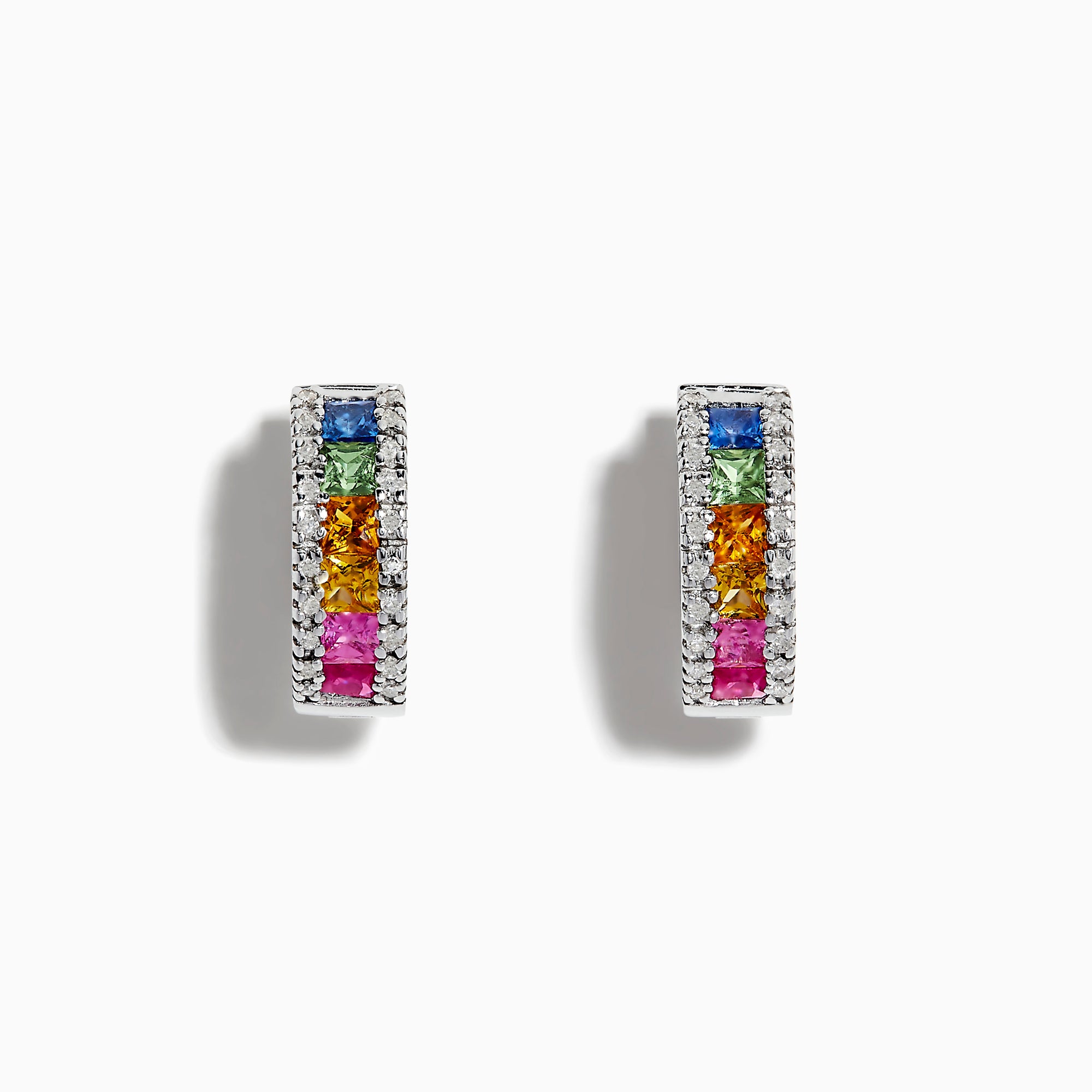 A pair of Watercolors 14K White Gold Sapphire & Diamond Earrings, 1.76 TCW, featuring square-cut sapphires in blue, green, yellow, orange, and pink with diamond borders, shown on a white background.