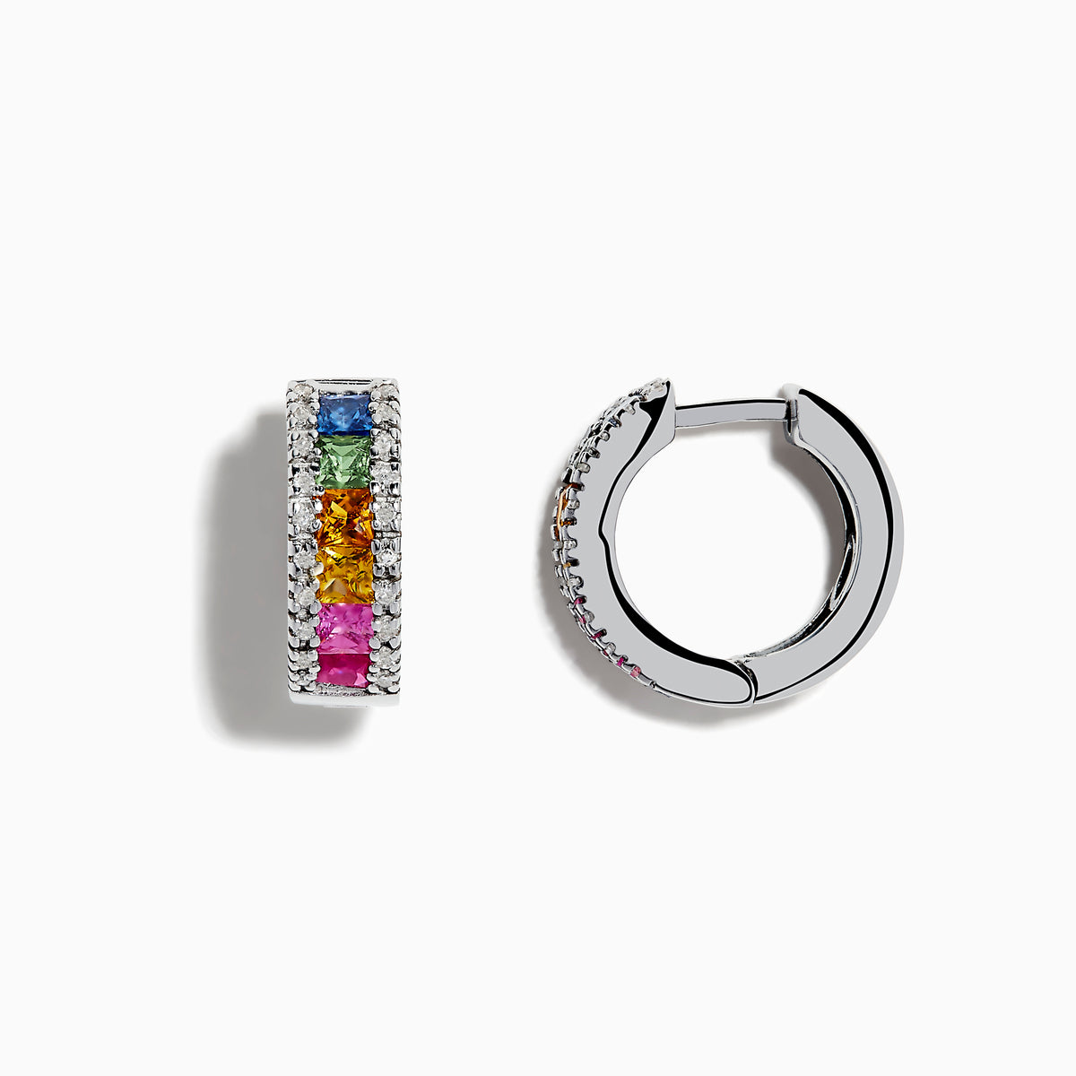 A pair of Watercolors 14K White Gold Sapphire & Diamond Earrings, 1.76 TCW, featuring square-cut sapphires in blue, green, yellow, orange, and pink with diamond borders, shown on a white background.