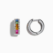 A pair of Watercolors 14K White Gold Sapphire & Diamond Earrings, 1.76 TCW, featuring square-cut sapphires in blue, green, yellow, orange, and pink with diamond borders, shown on a white background.
