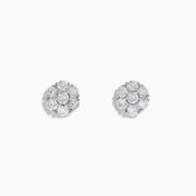 The 14K White Gold Diamond Bouquet Stud Earrings feature a floral cluster design with multiple round diamonds set closely together against a white gold background.