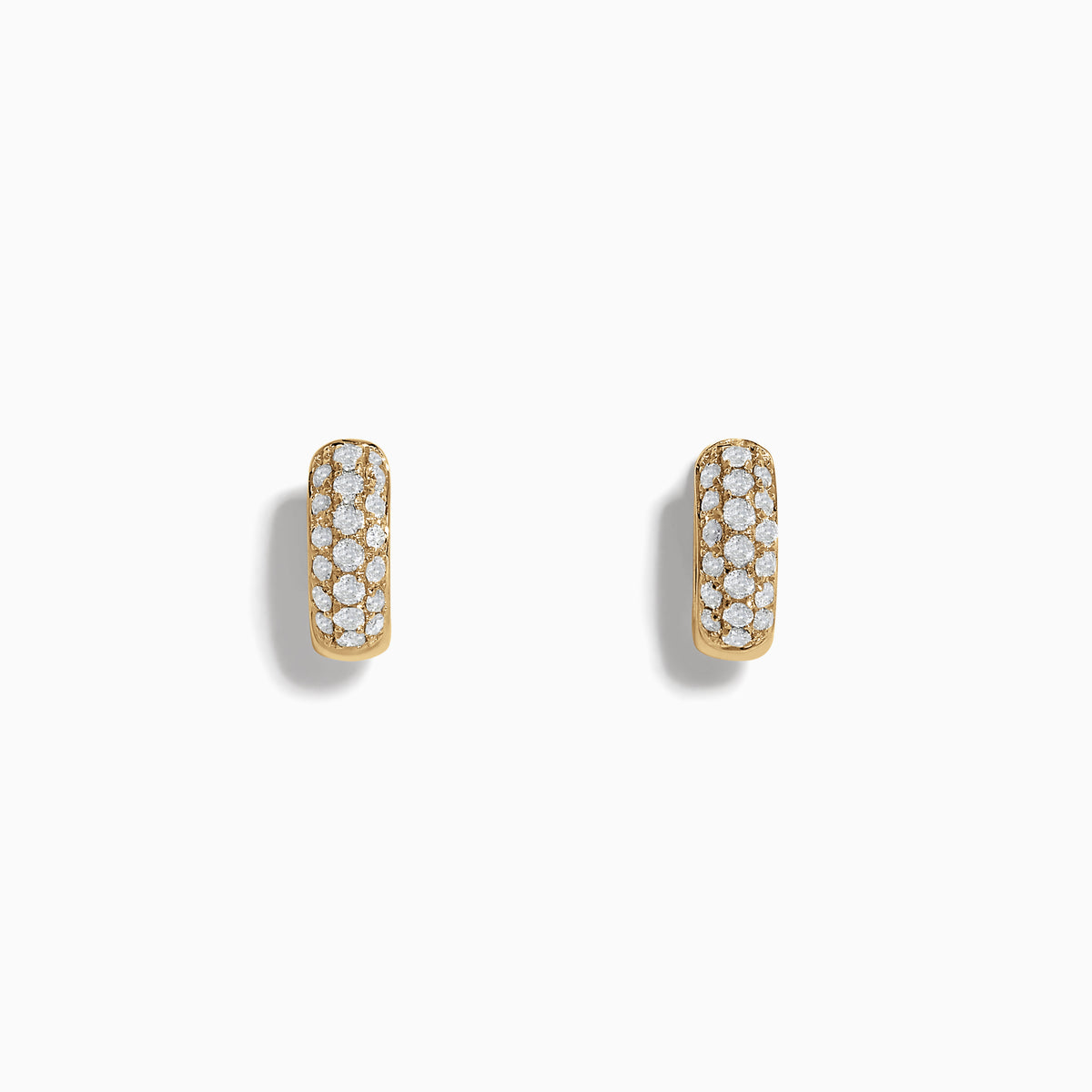 A pair of 14k Yellow Gold Diamond Huggie Earrings, each adorned with rows of sparkling diamonds, showcased against a plain white background.