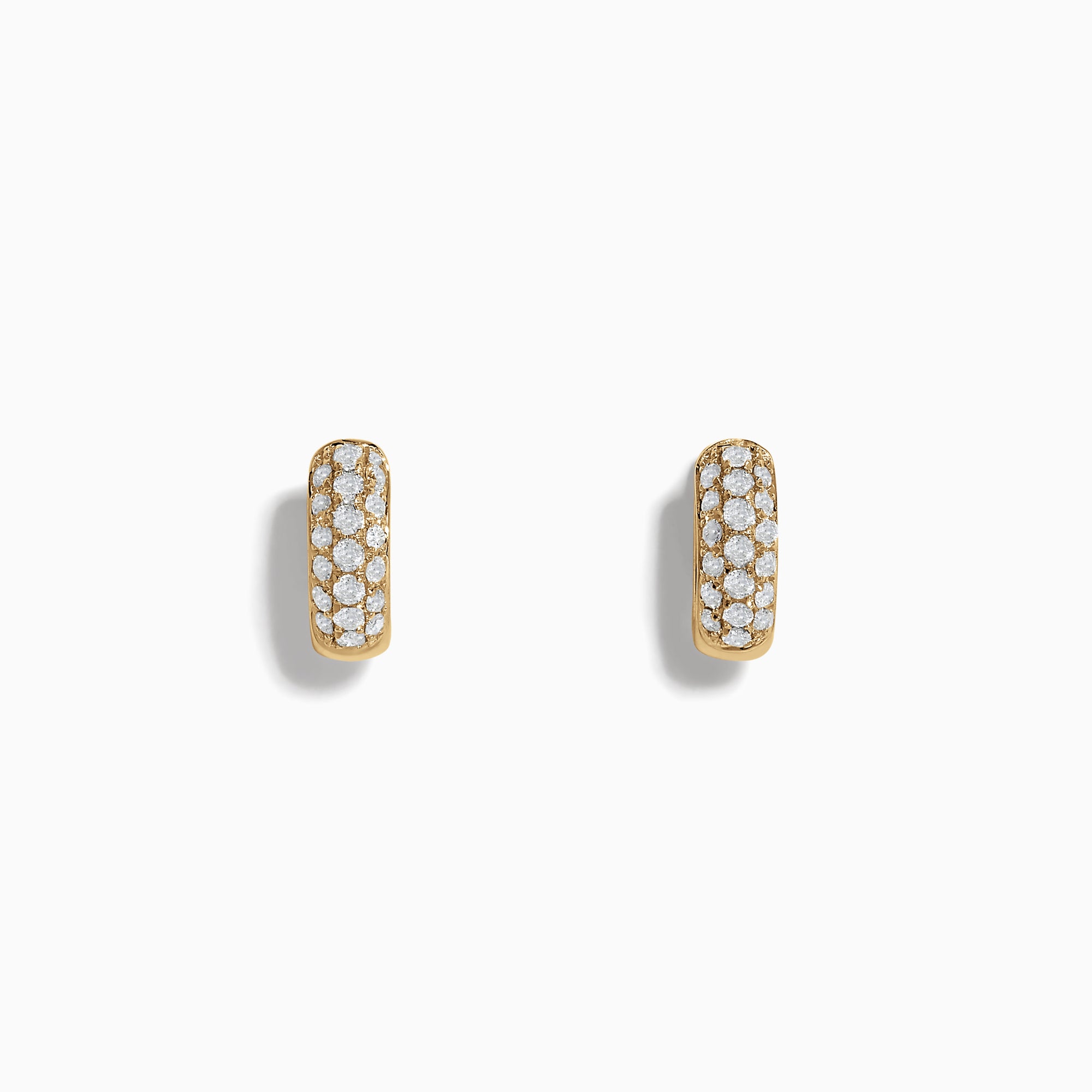 A pair of 14k Yellow Gold Diamond Huggie Earrings, each adorned with rows of sparkling diamonds, showcased against a plain white background.