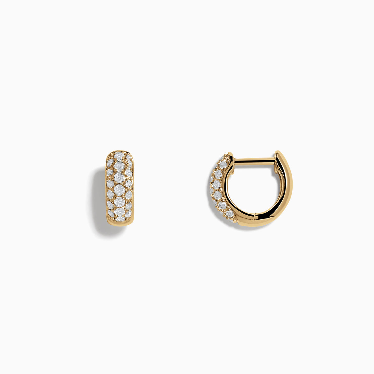 A pair of 14k Yellow Gold Diamond Huggie Earrings, each adorned with rows of sparkling diamonds, showcased against a plain white background.