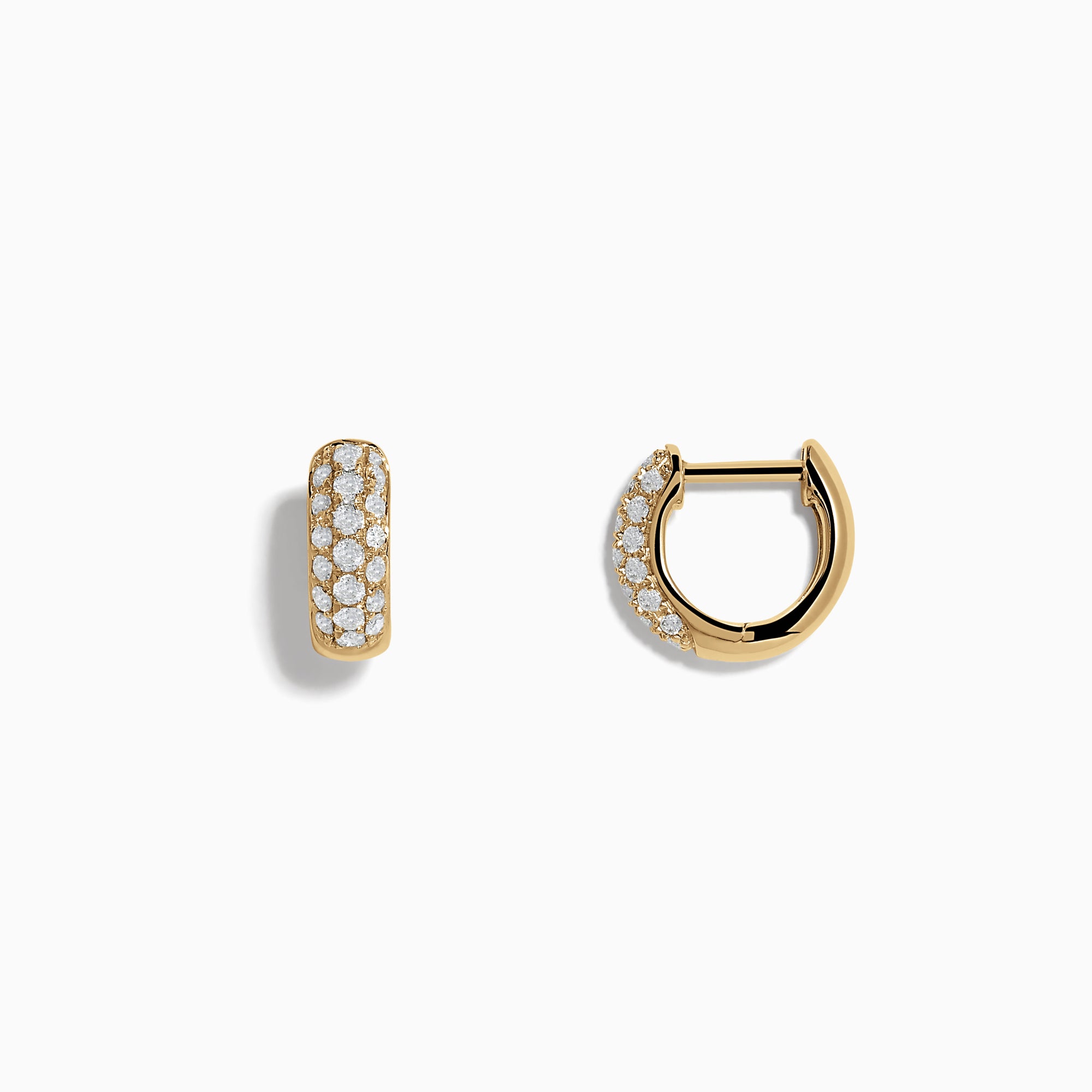 A pair of 14k Yellow Gold Diamond Huggie Earrings, each adorned with rows of sparkling diamonds, showcased against a plain white background.