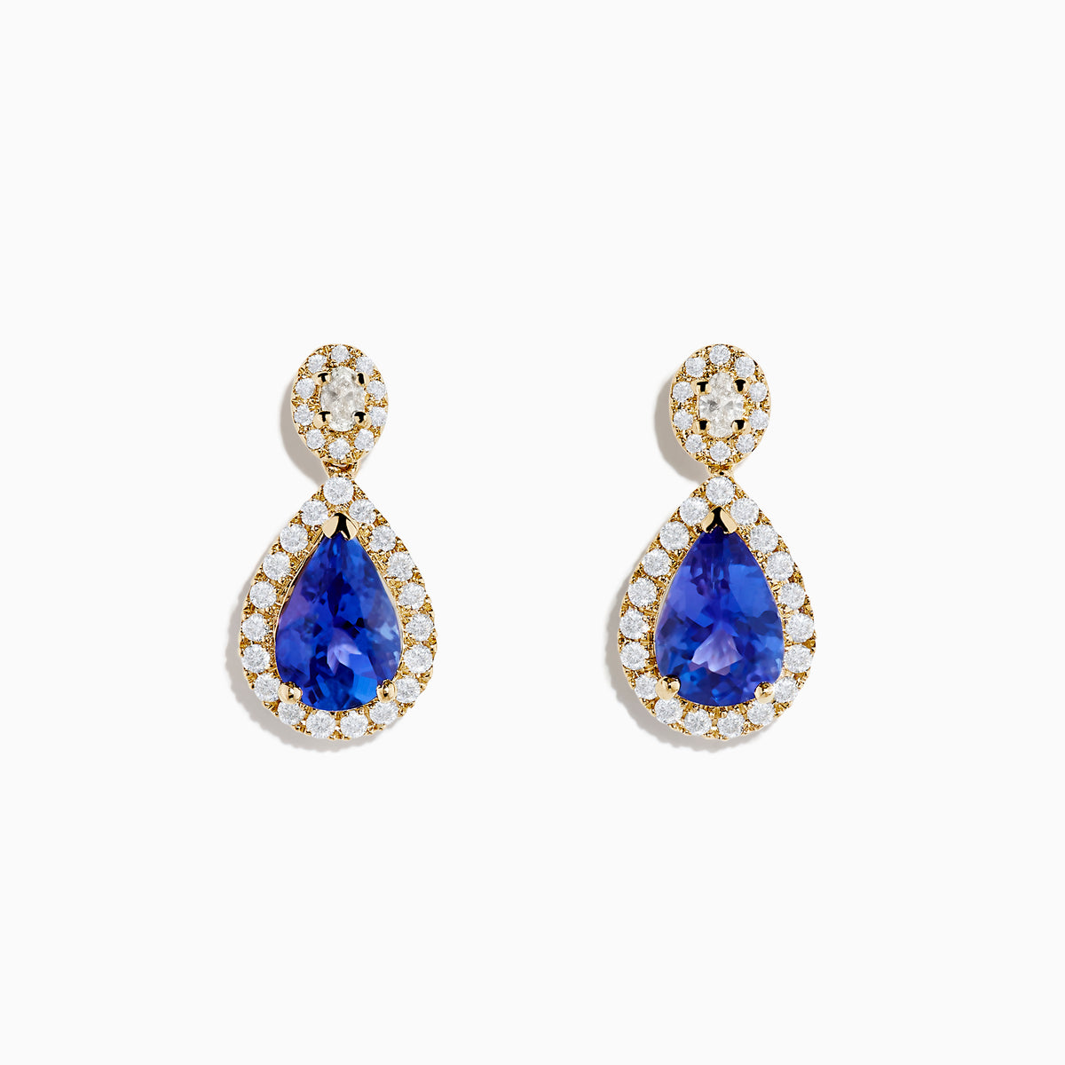 The Nahla 14K Yellow Gold Tanzanite and Diamond Drop Earrings feature teardrop-shaped blue tanzanite gems encircled by white diamonds, with extra diamonds set in the round studs, shown against a white background.