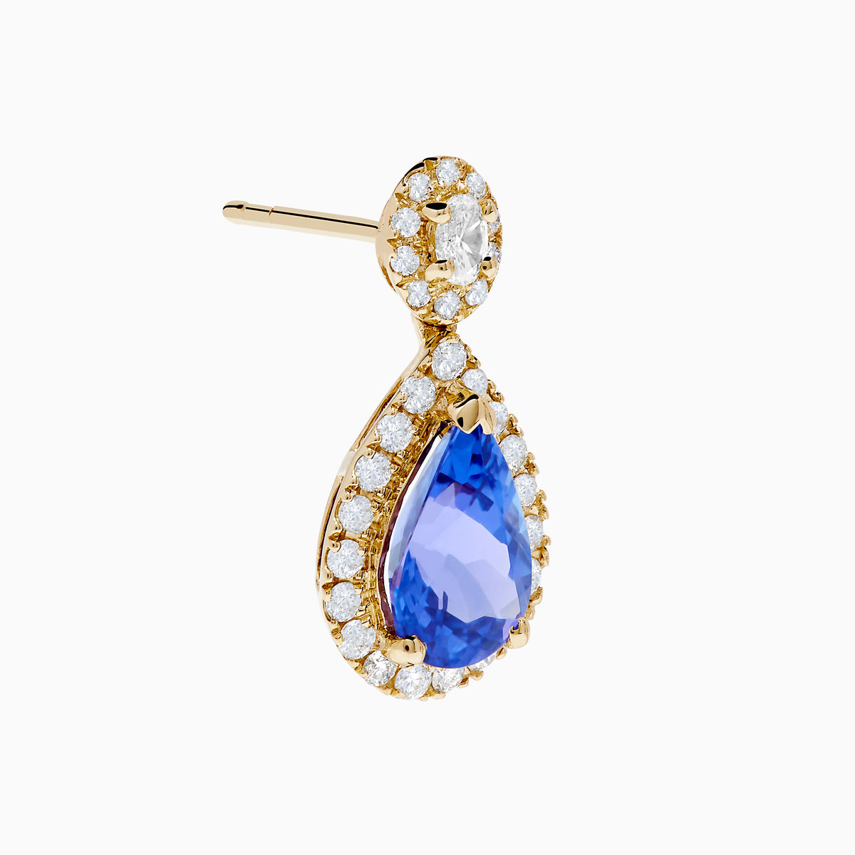 The Nahla 14K Yellow Gold Tanzanite and Diamond Drop Earrings feature teardrop-shaped blue tanzanite gems encircled by white diamonds, with extra diamonds set in the round studs, shown against a white background.