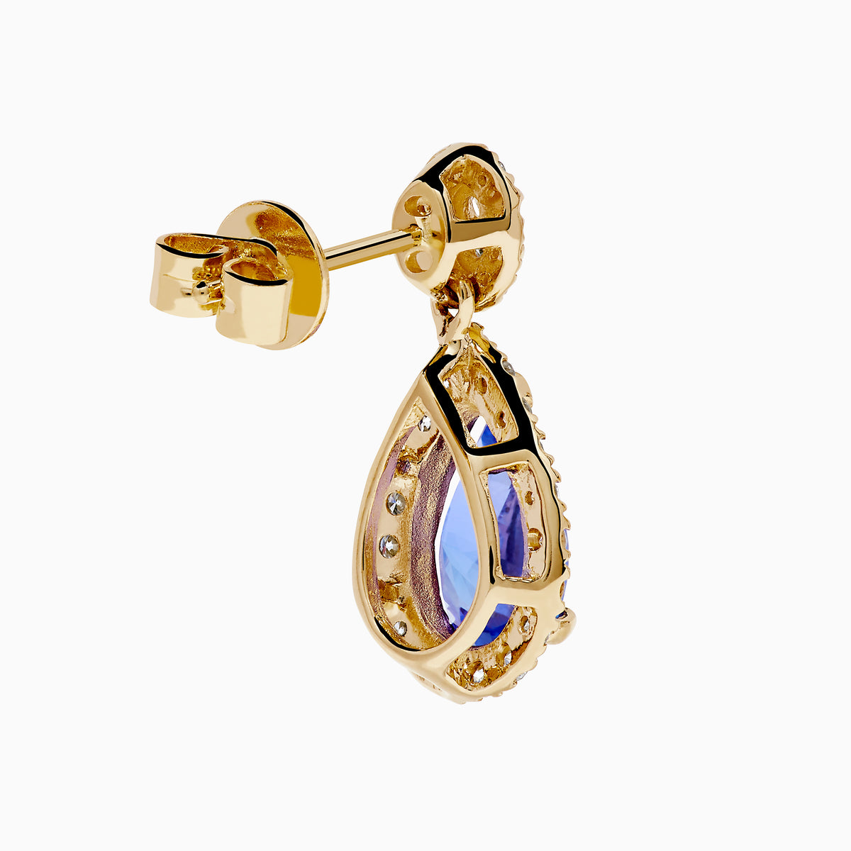 The Nahla 14K Yellow Gold Tanzanite and Diamond Drop Earrings feature teardrop-shaped blue tanzanite gems encircled by white diamonds, with extra diamonds set in the round studs, shown against a white background.