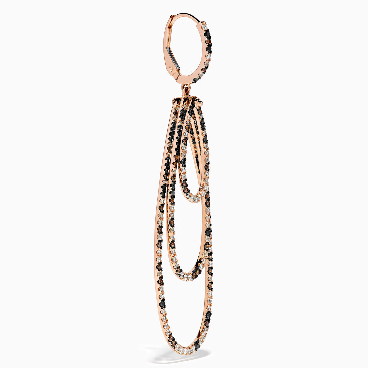 The 14K Rose Gold Espresso, Black, and White Diamond Cascading Teardrop Statement Earrings feature layered loops with alternating diamonds, recalling diamond teardrop elegance on a white background.