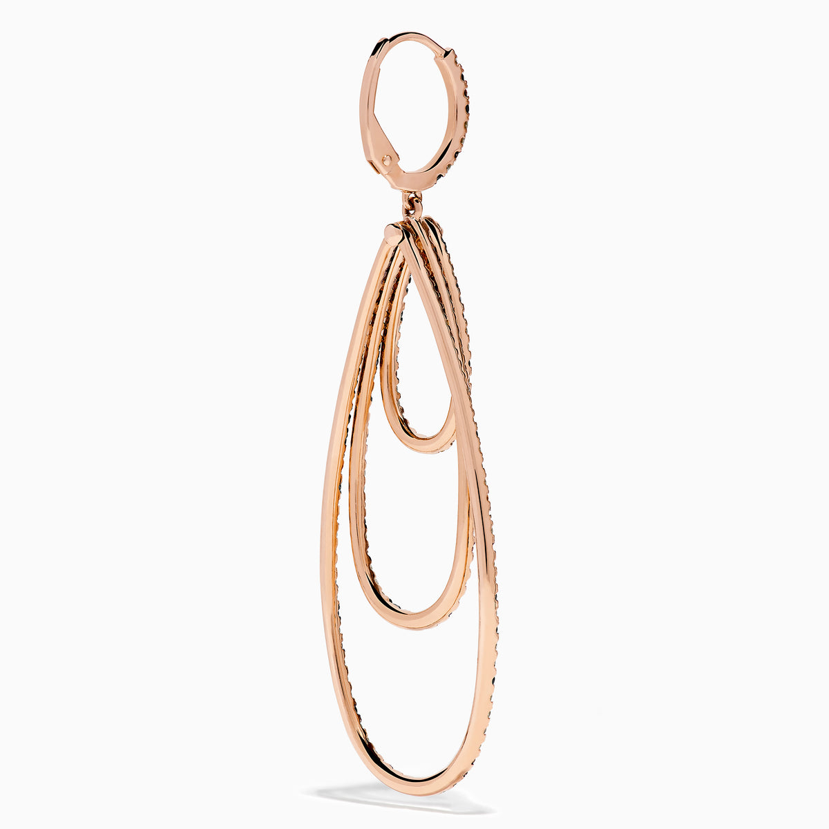 The 14K Rose Gold Espresso, Black, and White Diamond Cascading Teardrop Statement Earrings feature layered loops with alternating diamonds, recalling diamond teardrop elegance on a white background.