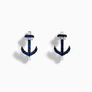 14K White Gold Blue Sapphire and Diamond Pave Anchor Huggie Earrings