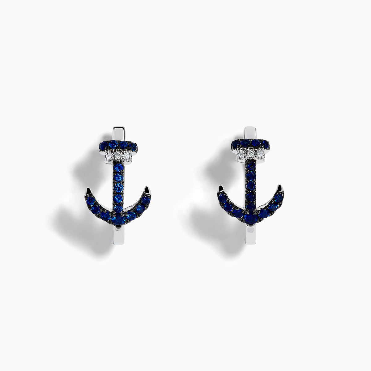 14K White Gold Blue Sapphire and Diamond Pave Anchor Huggie Earrings