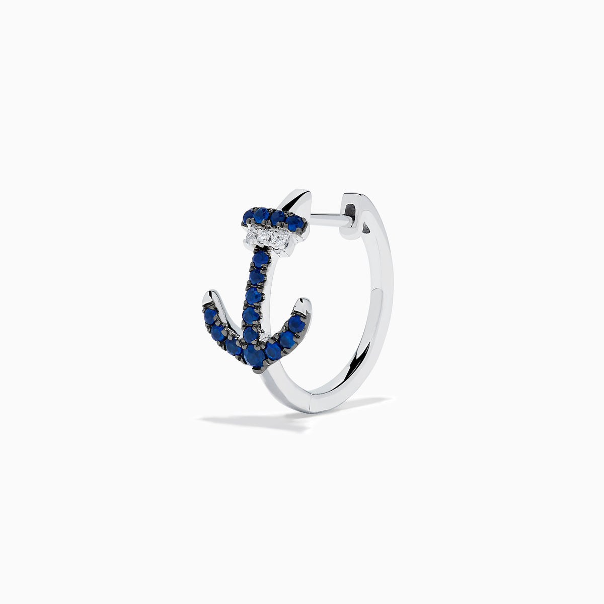 14K White Gold Blue Sapphire and Diamond Pave Anchor Huggie Earrings