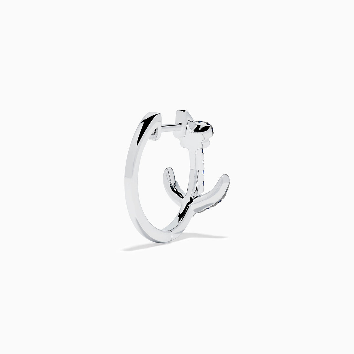 14K White Gold Blue Sapphire and Diamond Pave Anchor Huggie Earrings