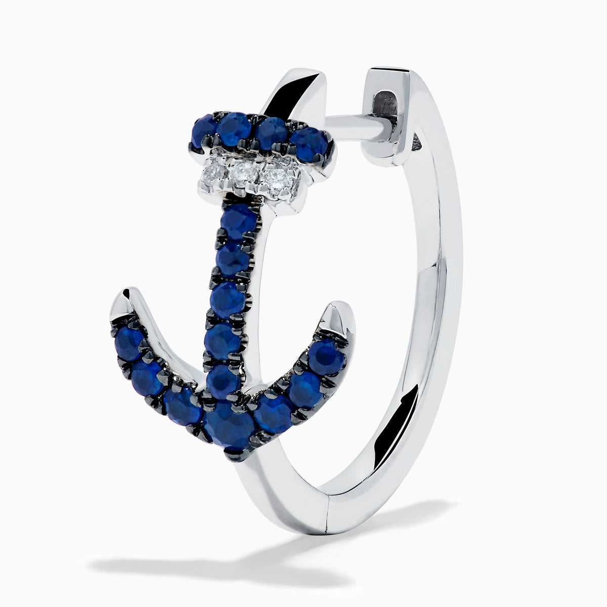 14K White Gold Blue Sapphire and Diamond Pave Anchor Huggie Earrings