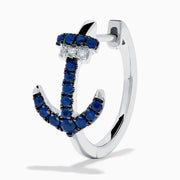 14K White Gold Blue Sapphire and Diamond Pave Anchor Huggie Earrings