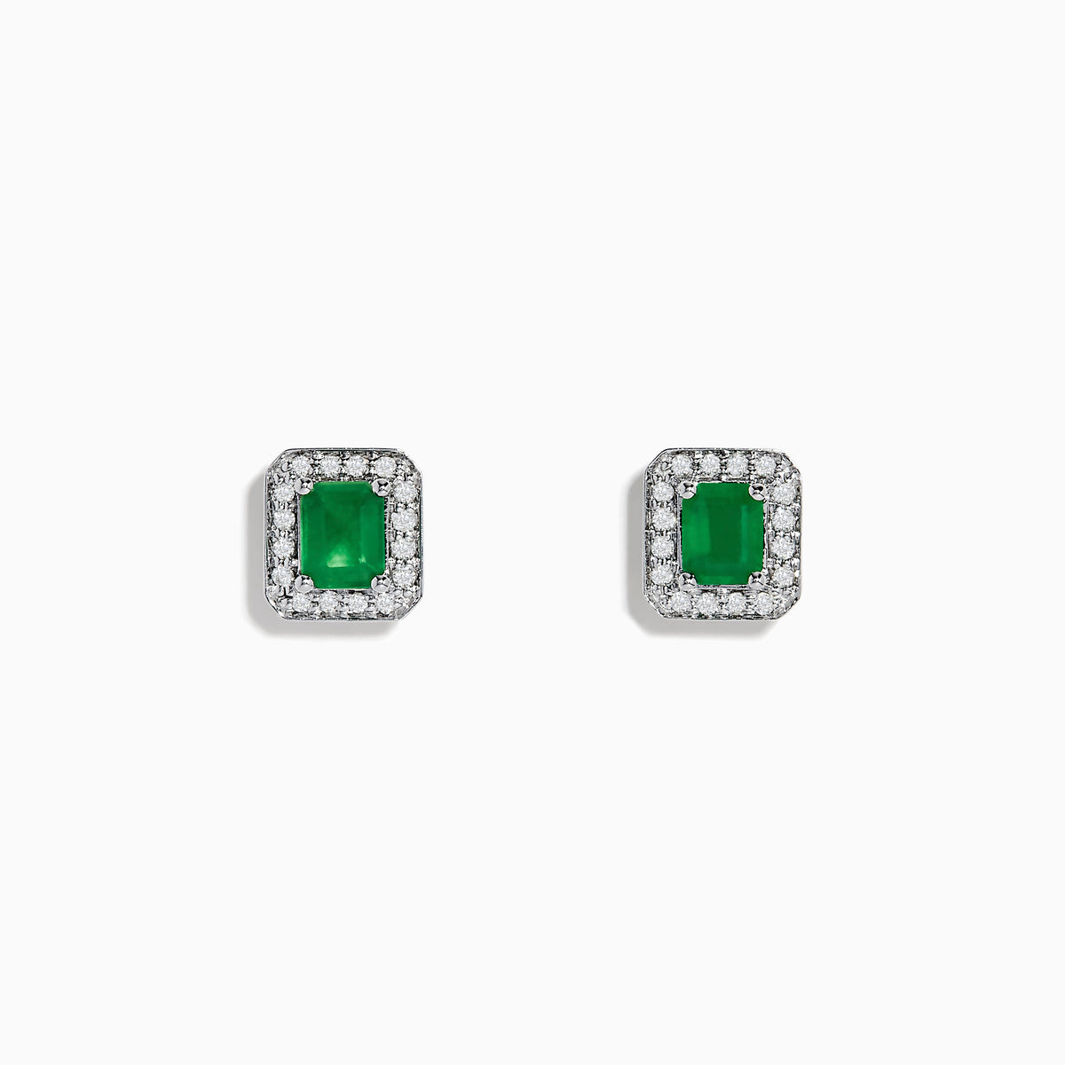 The 14K White Gold Emerald and Diamond Stud Earrings, 1.11 TCW, feature rectangular emeralds bordered by sparkling round diamonds, all set in white gold and shown on a plain white background.