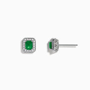The 14K White Gold Emerald and Diamond Stud Earrings, 1.11 TCW, feature rectangular emeralds bordered by sparkling round diamonds, all set in white gold and shown on a plain white background.