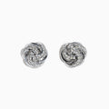 925 Sterling Silver Diamond Love Knot Stud Earrings featuring interwoven loops with sparkling stones, displayed on a plain white background.