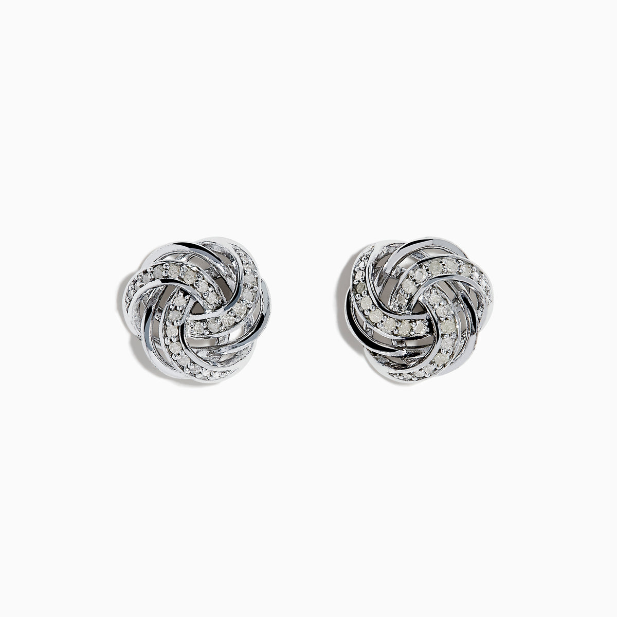 925 Sterling Silver Diamond Love Knot Stud Earrings featuring interwoven loops with sparkling stones, displayed on a plain white background.