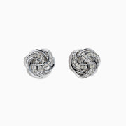 925 Sterling Silver Diamond Love Knot Stud Earrings featuring interwoven loops with sparkling stones, displayed on a plain white background.