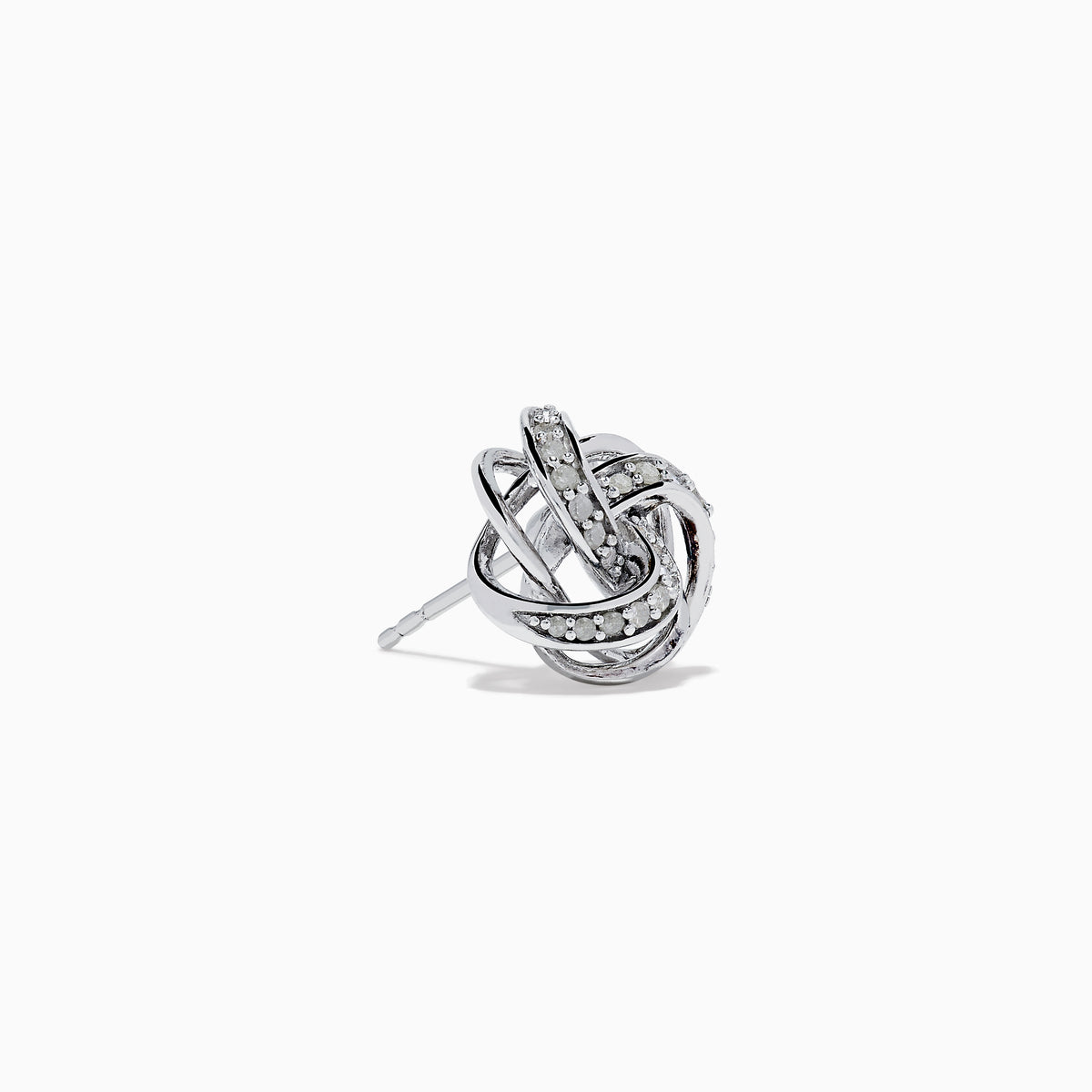925 Sterling Silver Diamond Love Knot Stud Earrings featuring interwoven loops with sparkling stones, displayed on a plain white background.