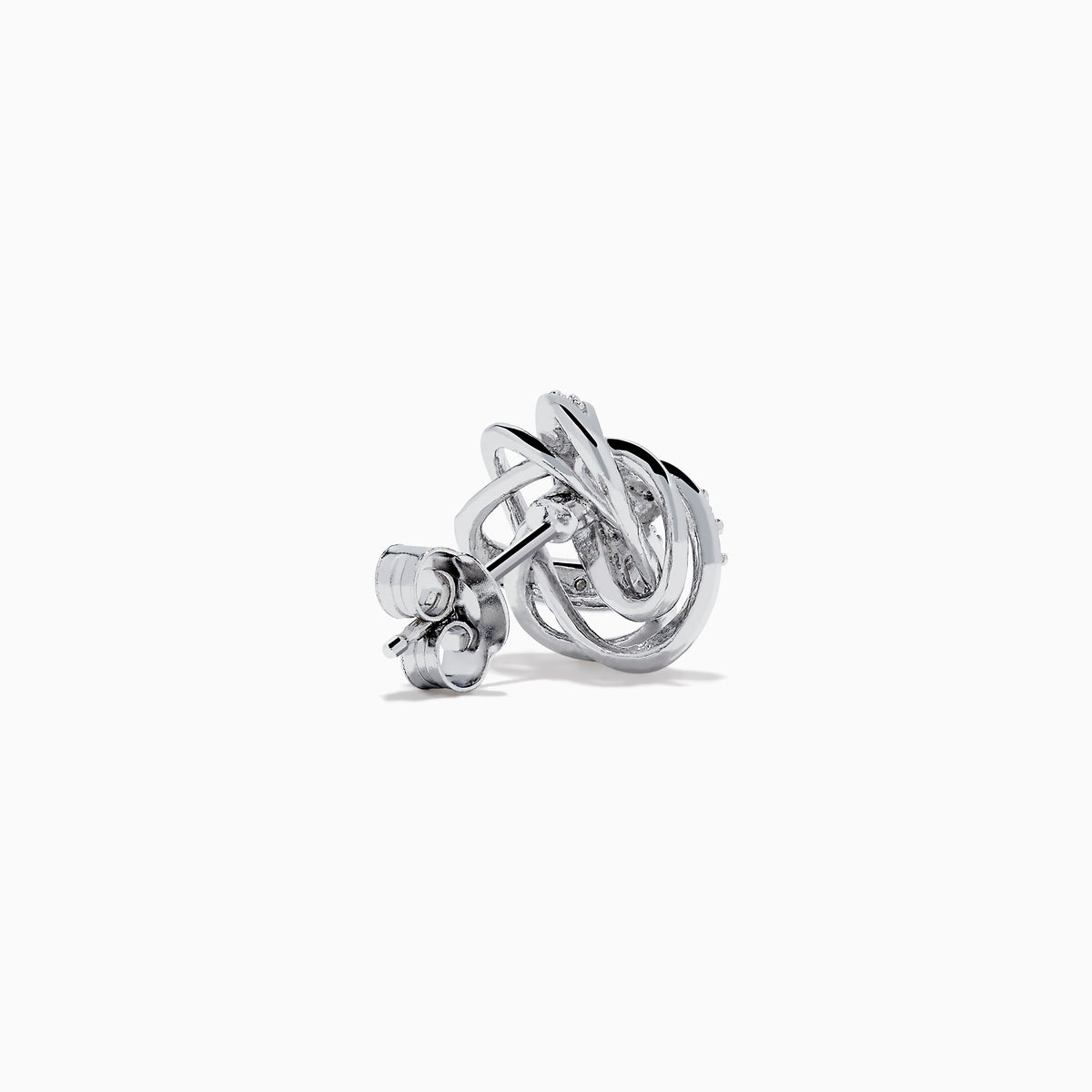 925 Sterling Silver Diamond Love Knot Stud Earrings featuring interwoven loops with sparkling stones, displayed on a plain white background.