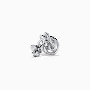 925 Sterling Silver Diamond Love Knot Stud Earrings featuring interwoven loops with sparkling stones, displayed on a plain white background.