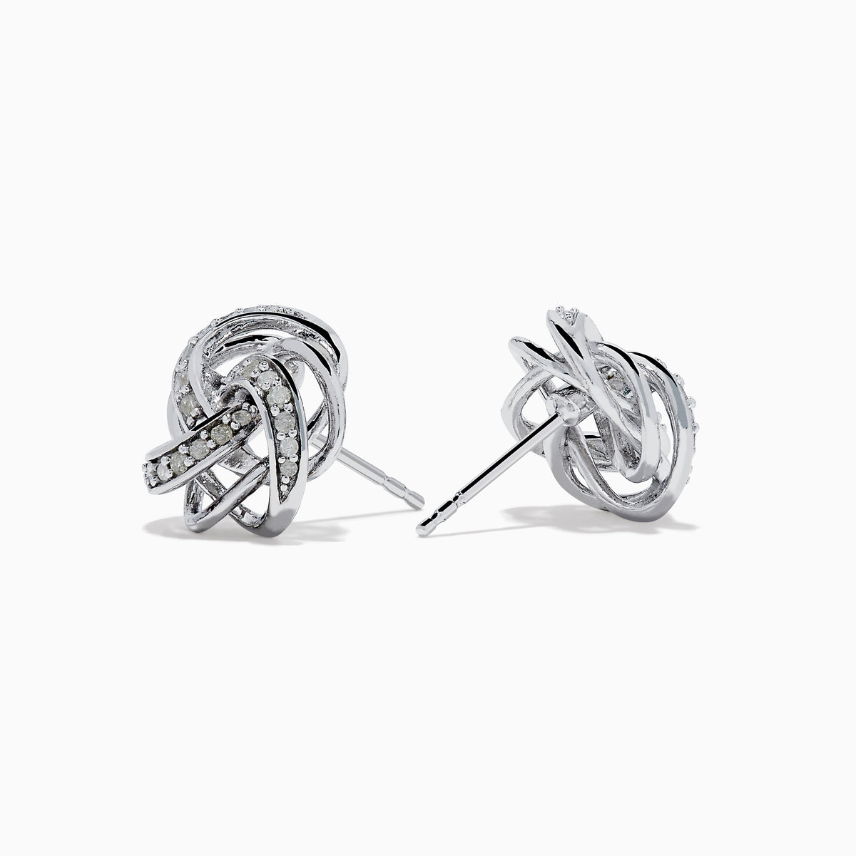 925 Sterling Silver Diamond Love Knot Stud Earrings featuring interwoven loops with sparkling stones, displayed on a plain white background.