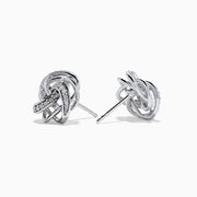925 Sterling Silver Diamond Love Knot Stud Earrings featuring interwoven loops with sparkling stones, displayed on a plain white background.