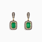 14K Yellow Gold Emerald and Diamond Drop Earrings, 2.51 TCW, featuring rectangular green emeralds framed by two rows of sparkling diamonds in a yellow gold and black metal setting.