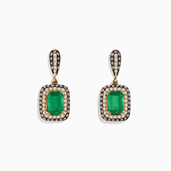14K Yellow Gold Emerald and Diamond Drop Earrings, 2.51 TCW, featuring rectangular green emeralds framed by two rows of sparkling diamonds in a yellow gold and black metal setting.